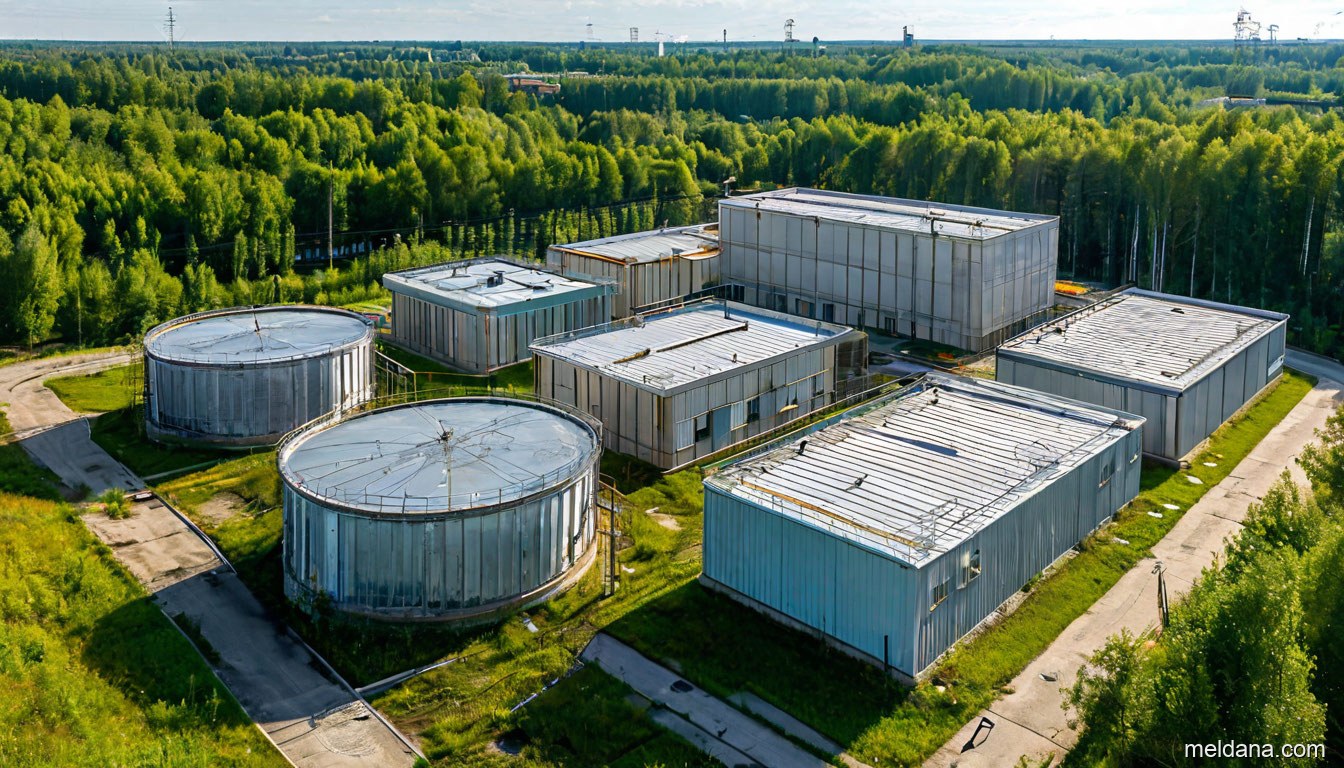 Площадка водоканала с защитными сетчатыми конструкциями над зданиями и резервуарами